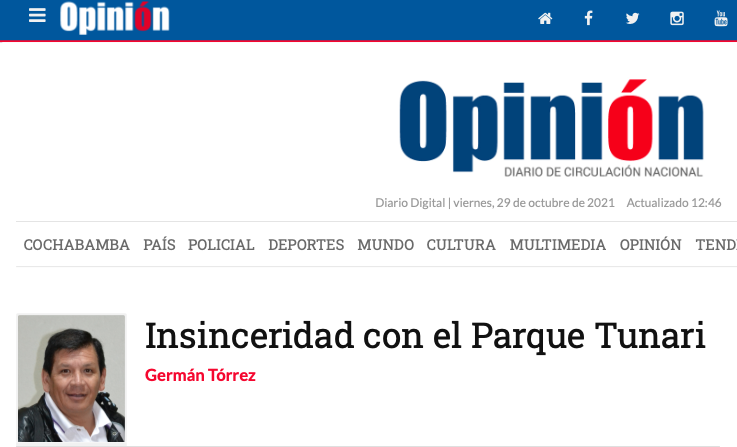 Insinceridad con el Parque Tunari